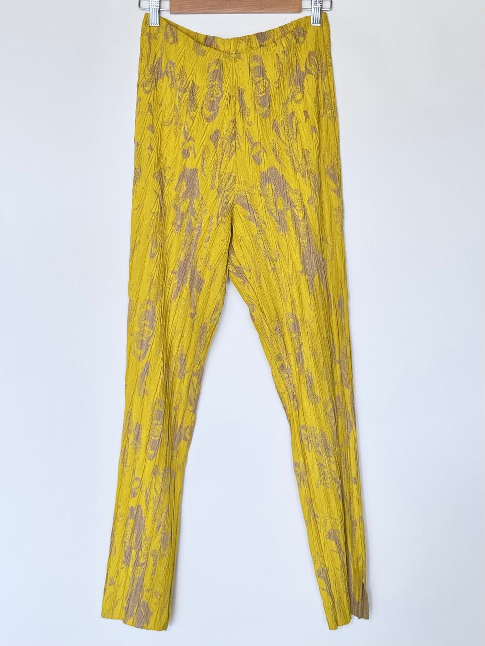 Zara Yellow Jacquard Plissé Crinkle Pant Abstract Split Hem Trouser Medium Artsy